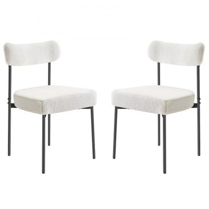 Boucle Dining Chairs Set of 2, Mid Century Modern Sherpa Accent Chairs, Upholstered Side Chair for Dining Table, Space-Saving White Kitchen Table Chair with Curved Backrest and Black Metal Legs
