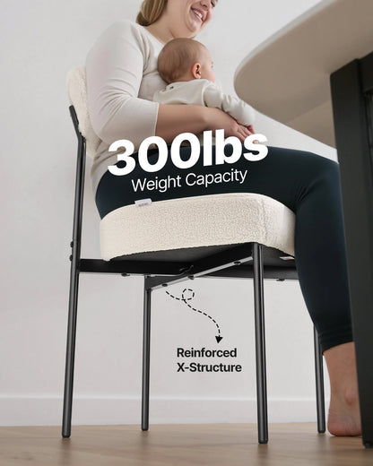 Boucle Dining Chairs Set of 2, Mid Century Modern Sherpa Accent Chairs, Upholstered Side Chair for Dining Table, Space-Saving White Kitchen Table Chair with Curved Backrest and Black Metal Legs