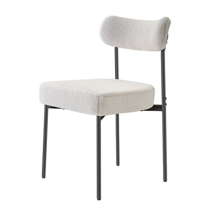 Boucle Dining Chairs Set of 2, Mid Century Modern Sherpa Accent Chairs, Upholstered Side Chair for Dining Table, Space-Saving White Kitchen Table Chair with Curved Backrest and Black Metal Legs