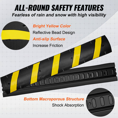 Rubber Speed Hump 183 x 30 x 4.5 cm, 2 Channel, 10000 kg Load Capacity Heavy Duty Traffic Speed Bump, with High Reflective Yellow Strip 4 Expansion Screws and 1 Drill, for Asphalt Concrete Gravel Roads