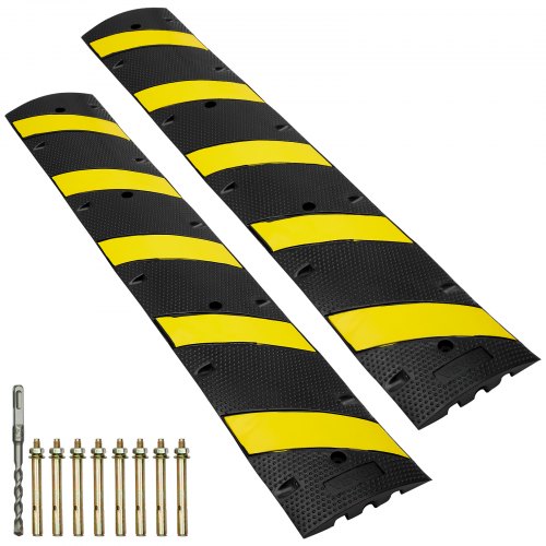 2PCs Rubber Speed Hump 183 x 30 x 4.5 cm, 2 Channel, 100000 kg Capacity Heavy Duty Traffic Speed Bump, with High Reflective Yellow Strip 8 Expansion Screws and 1 Drill, for Asphalt Concrete Gravel Roads