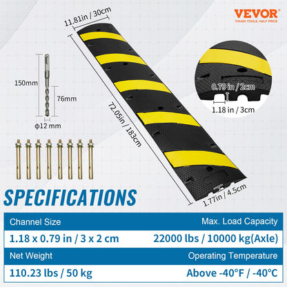 2PCs Rubber Speed Hump 183 x 30 x 4.5 cm, 2 Channel, 100000 kg Capacity Heavy Duty Traffic Speed Bump, with High Reflective Yellow Strip 8 Expansion Screws and 1 Drill, for Asphalt Concrete Gravel Roads