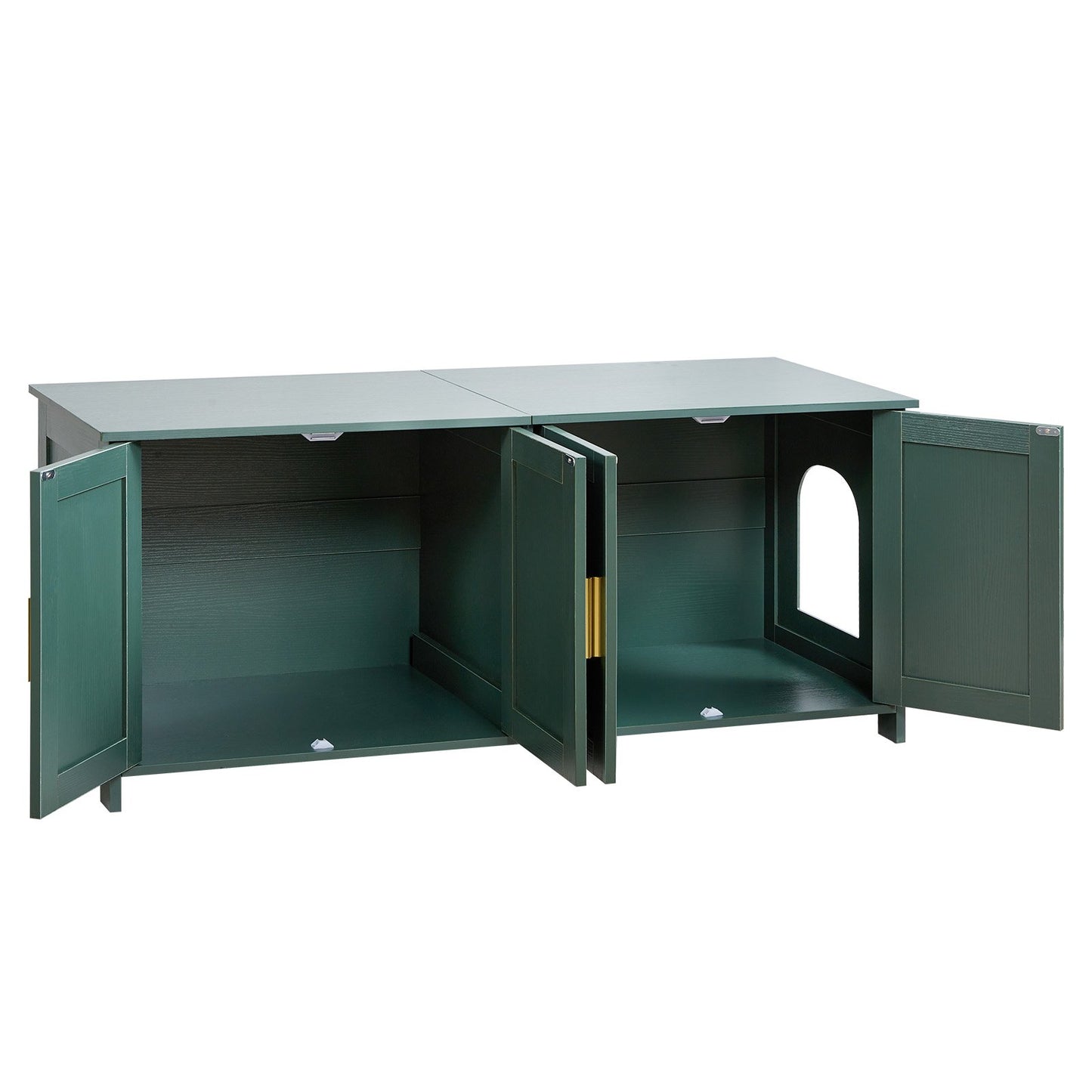 Kattlåda för flera katter, 120 cm dold kattlåda med 4 dörrar och 2 ingångar, inomhustoalett för katter, sidobord i trä för kattmöbler, passar de flesta kattlådor, grön