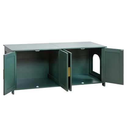 Kattlåda för flera katter, 120 cm dold kattlåda med 4 dörrar och 2 ingångar, inomhustoalett för katter, sidobord i trä för kattmöbler, passar de flesta kattlådor, grön