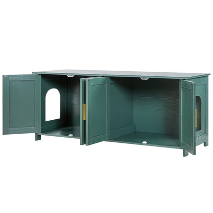 Kattlåda för flera katter, 120 cm dold kattlåda med 4 dörrar och 2 ingångar, inomhustoalett för katter, sidobord i trä för kattmöbler, passar de flesta kattlådor, grön