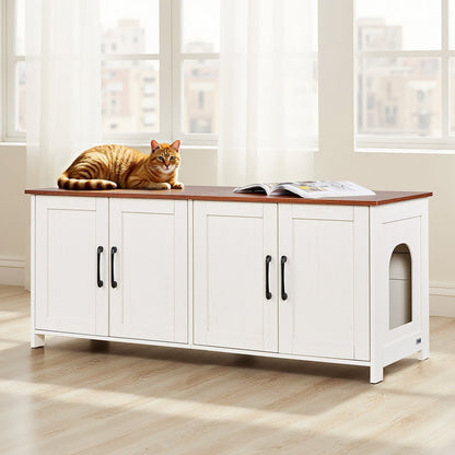 Kattlåda för flera katter, 120 cm dold kattlåda med 4 dörrar och 2 ingångar, inomhuskattrum, kattmöbler i trä, passar de flesta kattlådor, brun och vit