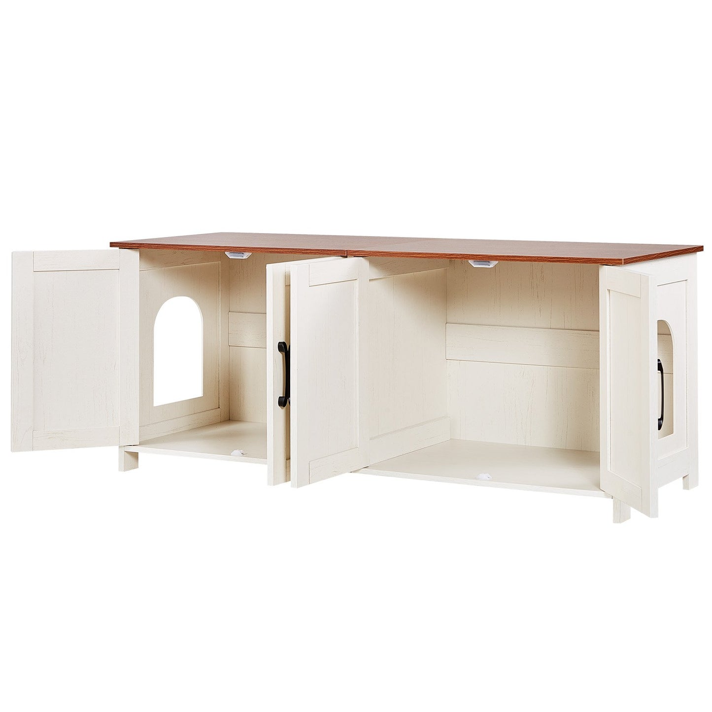 Kattlåda för flera katter, 120 cm dold kattlåda med 4 dörrar och 2 ingångar, inomhuskattrum, kattmöbler i trä, passar de flesta kattlådor, brun och vit