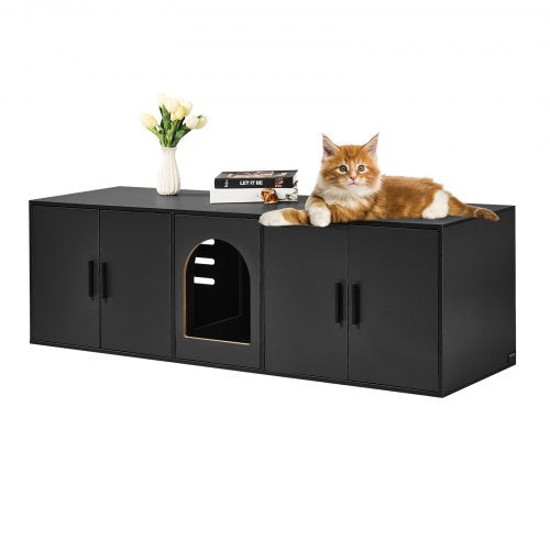 Cat Litter Box Enclosure for 2 Cats, 147 cm Hidden Litter Furniture, Double Room Large Cat Washroom Cabinet, Indoor Wooden Pet House TV Stand Side Table, Fit Most of Litterbox, Black