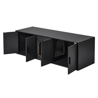 Kattlåda för 2 katter, 147 cm dolda kattmöbler, dubbelrum stort katttoalettskåp, inomhus trähus för husdjur, TV-bänk, sidobord, passar de flesta i kattlådan, svart