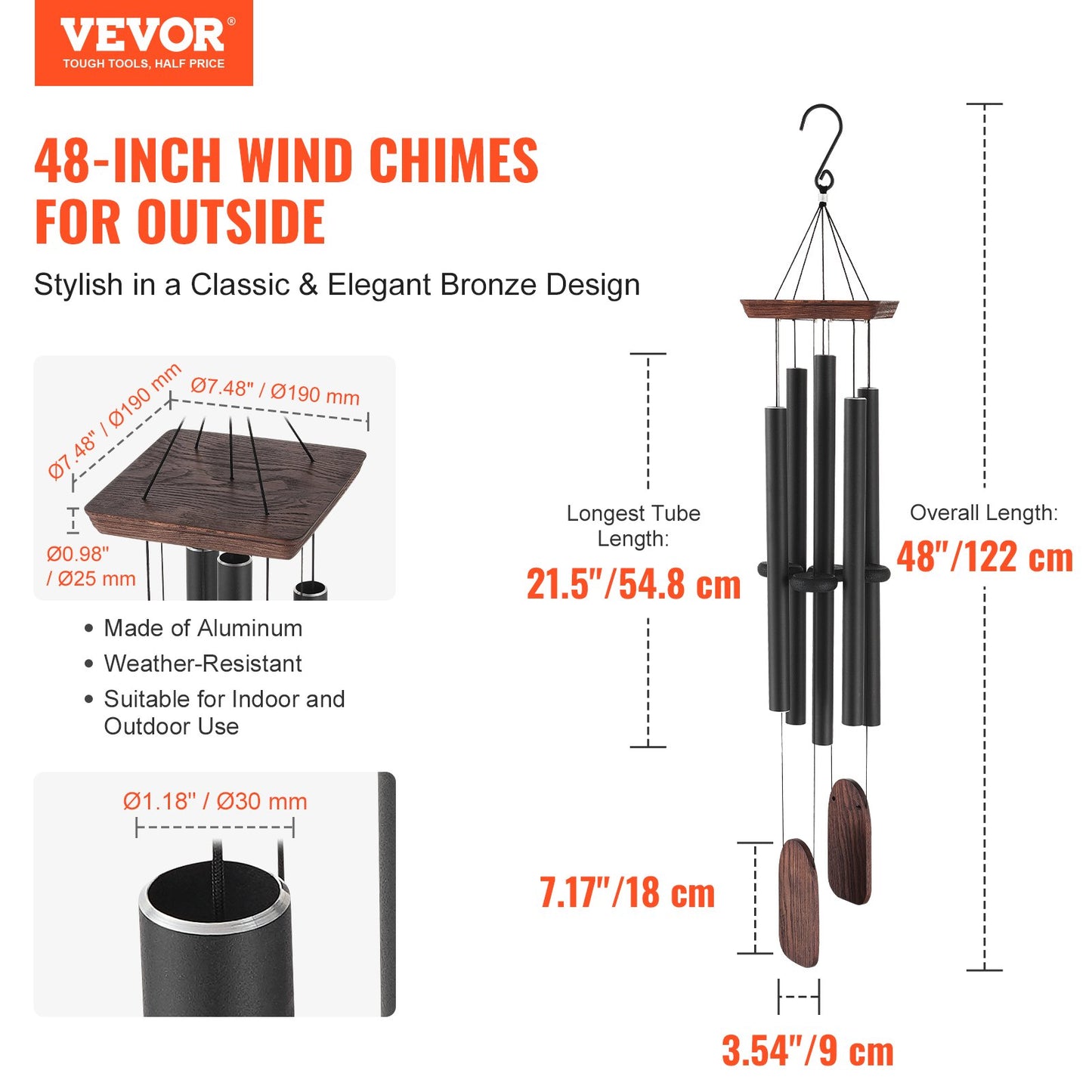 Wind Chimes for Outside, 1220 mm, Deep Tone Wind Chimes with 5 Tubes, Unique Large Memorial Wind Chimes for Anniversary, Amazing Outdoor Decor for Your Patio, Porch, Garden and Backyard, Black
