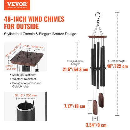 Wind Chimes for Outside, 1220 mm, Deep Tone Wind Chimes with 5 Tubes, Unique Large Memorial Wind Chimes for Anniversary, Amazing Outdoor Decor for Your Patio, Porch, Garden and Backyard, Black