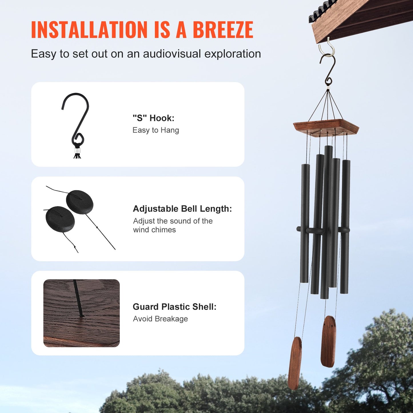 Wind Chimes for Outside, 1220 mm, Deep Tone Wind Chimes with 5 Tubes, Unique Large Memorial Wind Chimes for Anniversary, Amazing Outdoor Decor for Your Patio, Porch, Garden and Backyard, Black