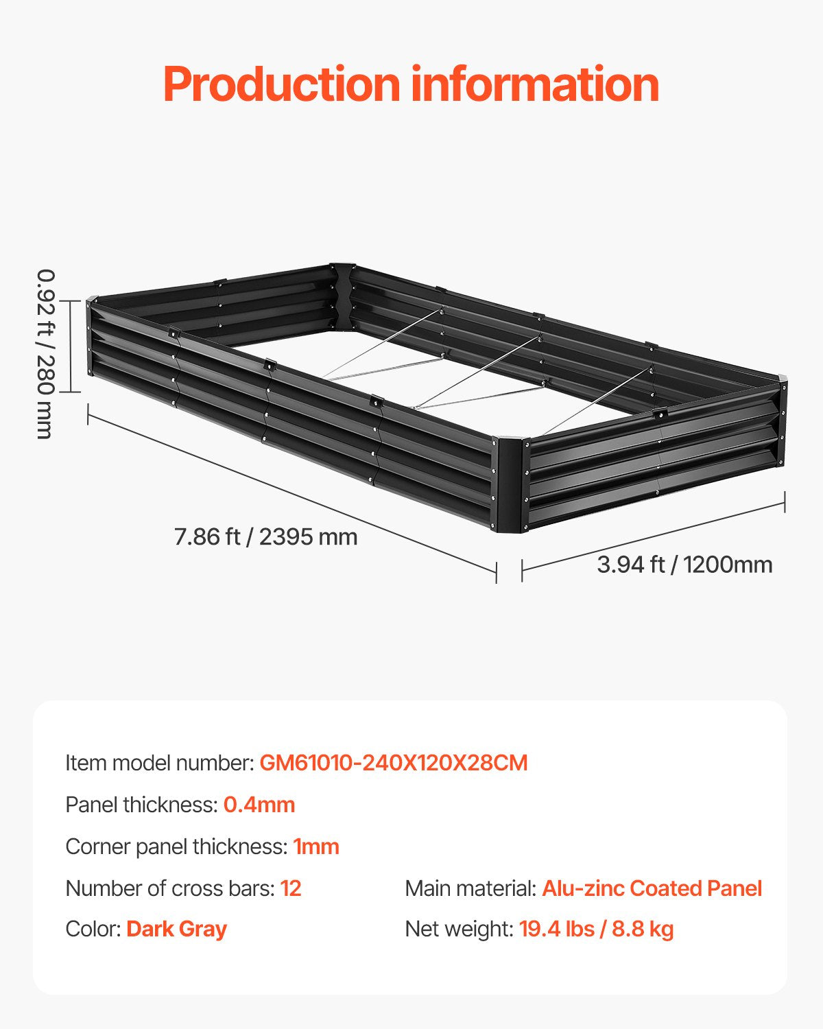Metal Raised Garden Bed, 8 x 4 x 1 ft Outdoor Galvanized Planter Box, with Open Bottom, Large Planter Raised Bed for Gardening Vegetables, Flowers, Herbs, and Succulent Plants, Dark Gray