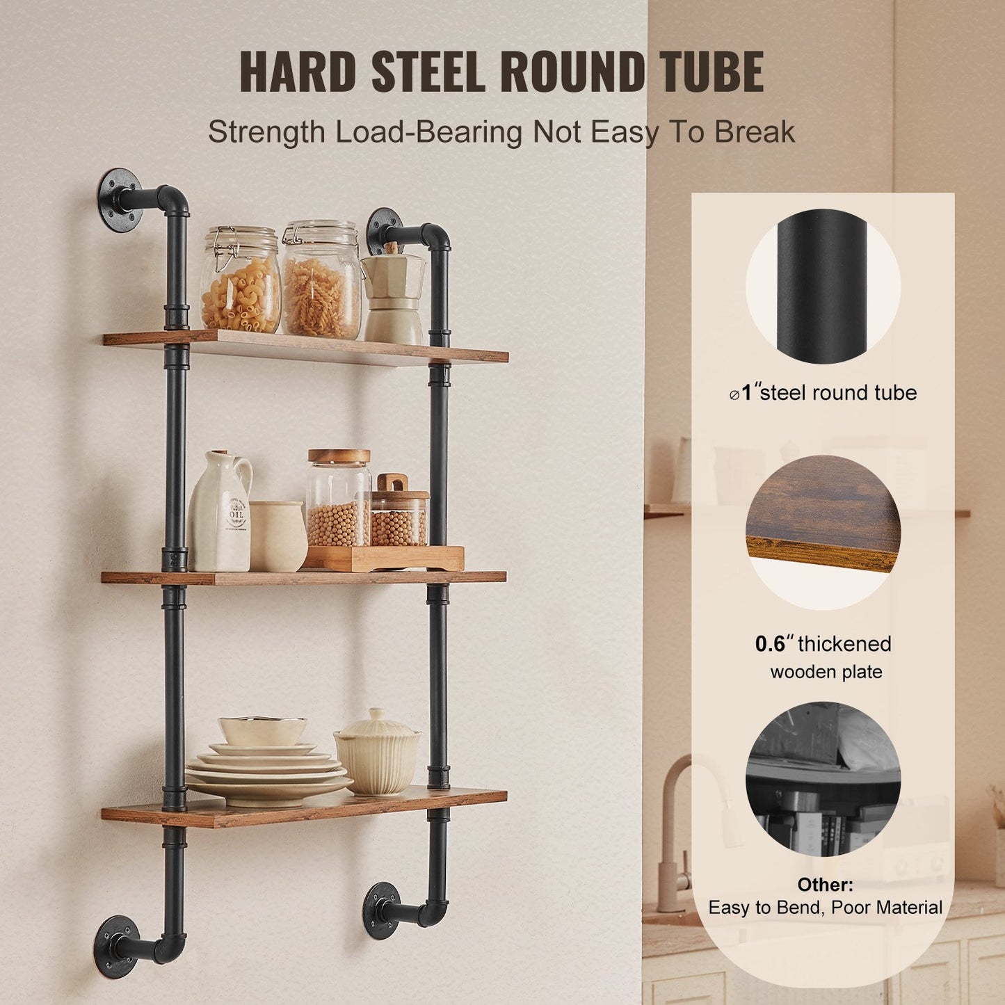 Industrial Pipe Shelf, 3 Tier 24x7.87in, Wall-Mount Floating Rustic Wood Shelves Bracket Display Bookshelf, Storage Rack Sundries Holder for Kitchen Bedroom Bathroom Living Room, Black