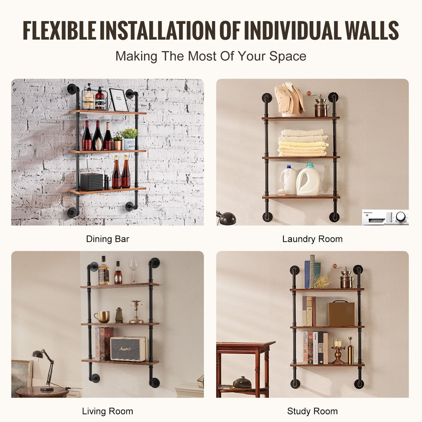 Industrial Pipe Shelf, 3 Tier 24x7.87in, Wall-Mount Floating Rustic Wood Shelves Bracket Display Bookshelf, Storage Rack Sundries Holder for Kitchen Bedroom Bathroom Living Room, Black