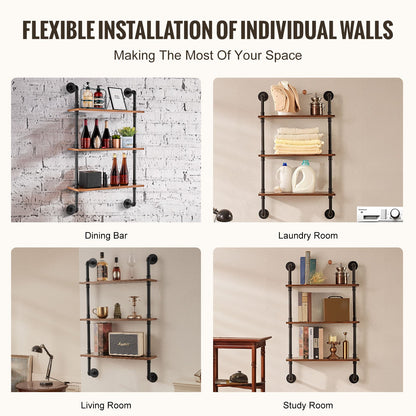 Industrial Pipe Shelf, 3 Tier 24x7.87in, Wall-Mount Floating Rustic Wood Shelves Bracket Display Bookshelf, Storage Rack Sundries Holder for Kitchen Bedroom Bathroom Living Room, Black