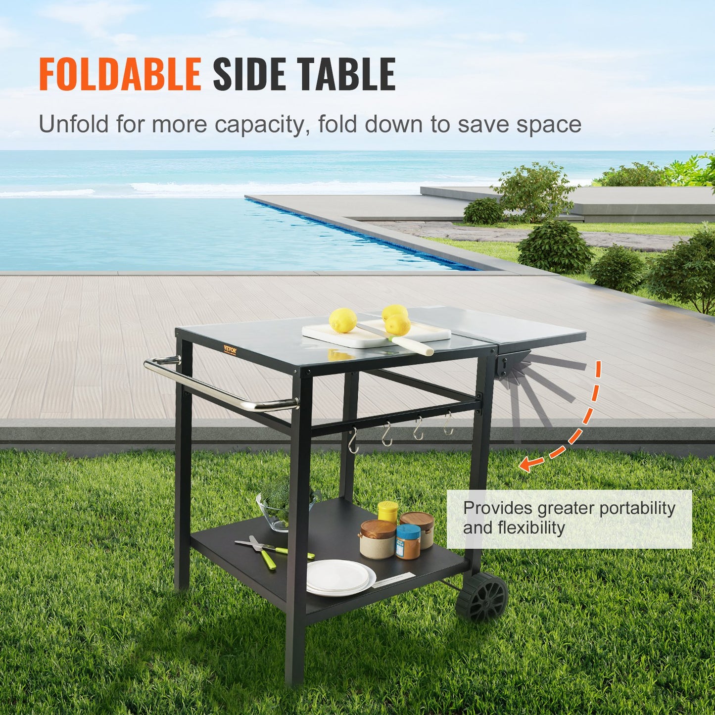 Outdoor Grill Dining Cart with Double-Shelf, BBQ Movable Food Prep Table, Multifunctional Foldable Iron Table Top, Portable Modular Carts for Pizza Oven, Worktable with 2 Wheels, Carry Handle