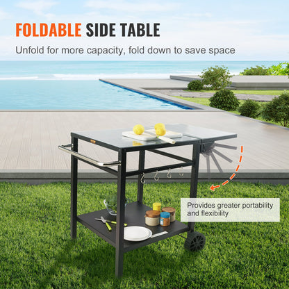 Outdoor Grill Dining Cart with Double-Shelf, BBQ Movable Food Prep Table, Multifunctional Foldable Iron Table Top, Portable Modular Carts for Pizza Oven, Worktable with 2 Wheels, Carry Handle
