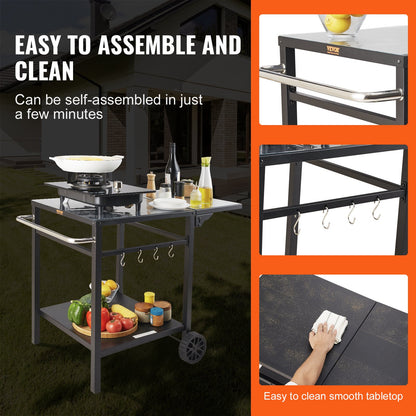 Outdoor Grill Dining Cart with Double-Shelf, BBQ Movable Food Prep Table, Multifunctional Foldable Iron Table Top, Portable Modular Carts for Pizza Oven, Worktable with 2 Wheels, Carry Handle