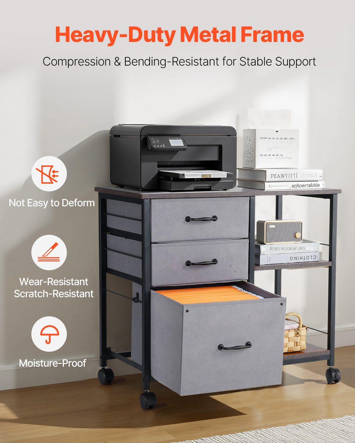 Metal File Cabinet, Mobile Filing Cabinet with 3 Fabric Drawers and 2 Open Shelves, Wooden Vertical Filing Storage Cabinets with Wheels for Letter, A4, Legal Size File, Easy Assembly, Brown