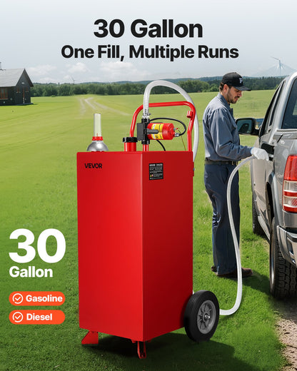 30 Gallon Fuel Caddy, Max Flow 32L/min, Gasoline & Diesel Fuel Tank with Electric Pump, Portable Fuel Storage Tank with 2 Wheels & 10 ft Hose, Gas Caddy for ATV Car Mowers Boat Motorcycle