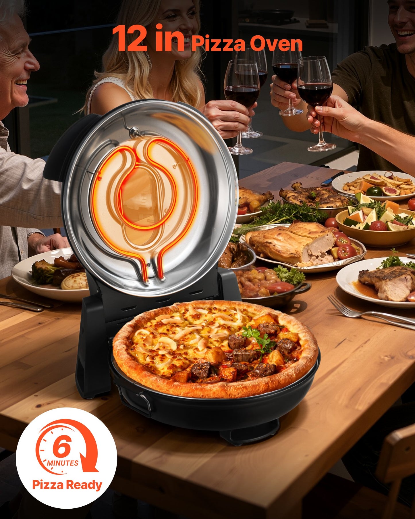 Pizza Oven, 304.8 mm Electric Pizza Maker, 1200W Electric Pizzas Cooker with Cordierite Stone, 5-Mode Temperature Control, Viewing Window for Precise Cooking, Heats up to 420℃, for Home (Black)