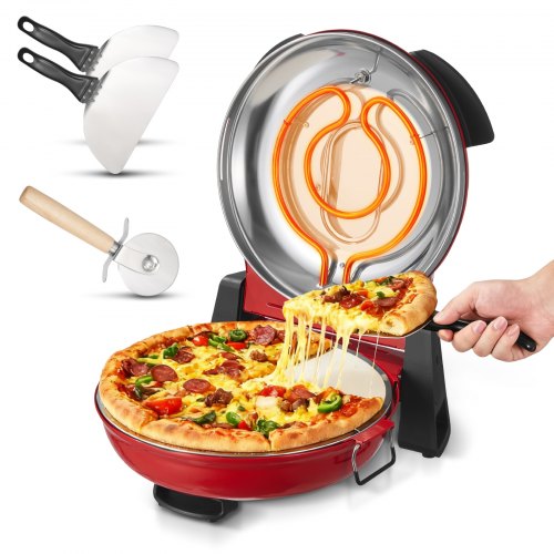 Pizza Oven, 304.8 mm Electric Pizza Maker, 1200W Electric Pizzas Cooker with Cordierite Stone, 5-Mode Temperature Control, Viewing Window for Precise Cooking, Heats up to 420℃, for Home (Red)