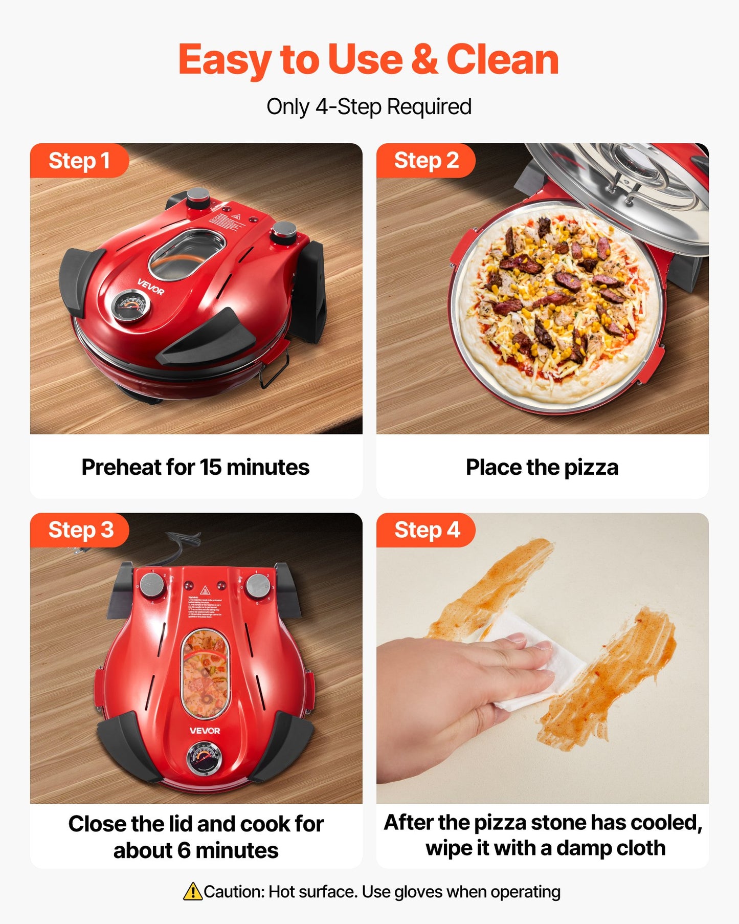 Pizza Oven, 304.8 mm Electric Pizza Maker, 1200W Electric Pizzas Cooker with Cordierite Stone, 5-Mode Temperature Control, Viewing Window for Precise Cooking, Heats up to 420℃, for Home (Red)