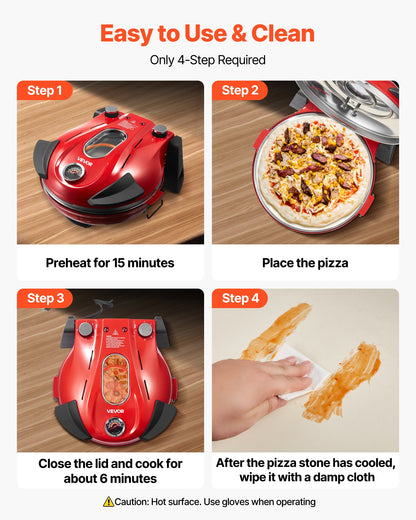 Pizza Oven, 304.8 mm Electric Pizza Maker, 1200W Electric Pizzas Cooker with Cordierite Stone, 5-Mode Temperature Control, Viewing Window for Precise Cooking, Heats up to 420℃, for Home (Red)