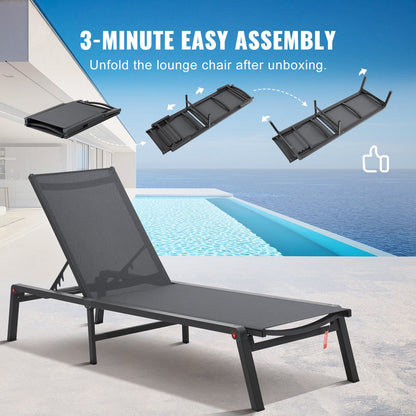 Chaise Lounge Chairs Outdoor, Aluminum Patio Lounge Chairs with Adjustable 5-Position, Folding Pool Lounge Chairs Recliner and Full Flat Tanning Chairs for Patio, Beach, Pool, Dark Grey, 2 pcs