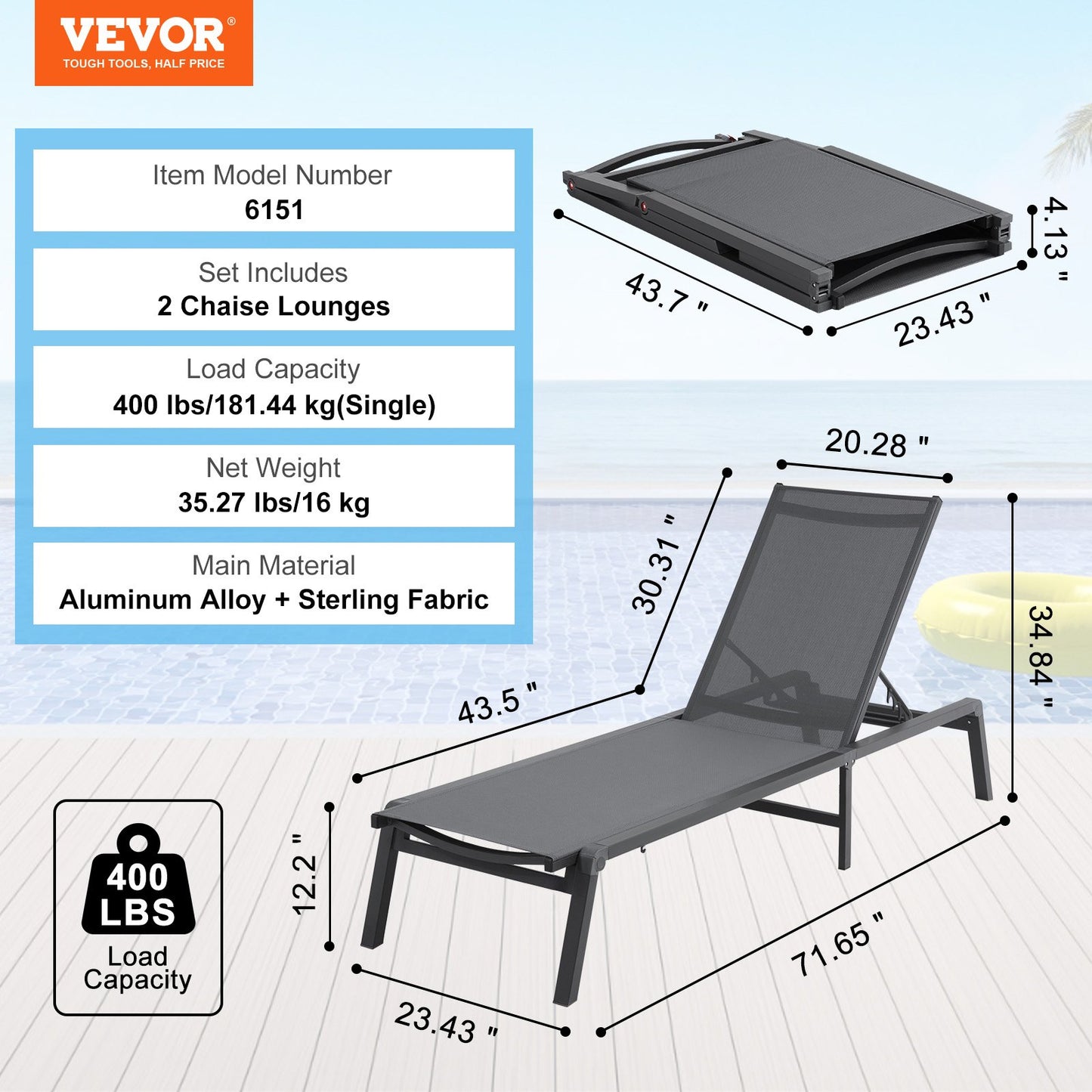 Chaise Lounge Chairs Outdoor, Aluminum Patio Lounge Chairs with Adjustable 5-Position, Folding Pool Lounge Chairs Recliner and Full Flat Tanning Chairs for Patio, Beach, Pool, Dark Grey, 2 pcs