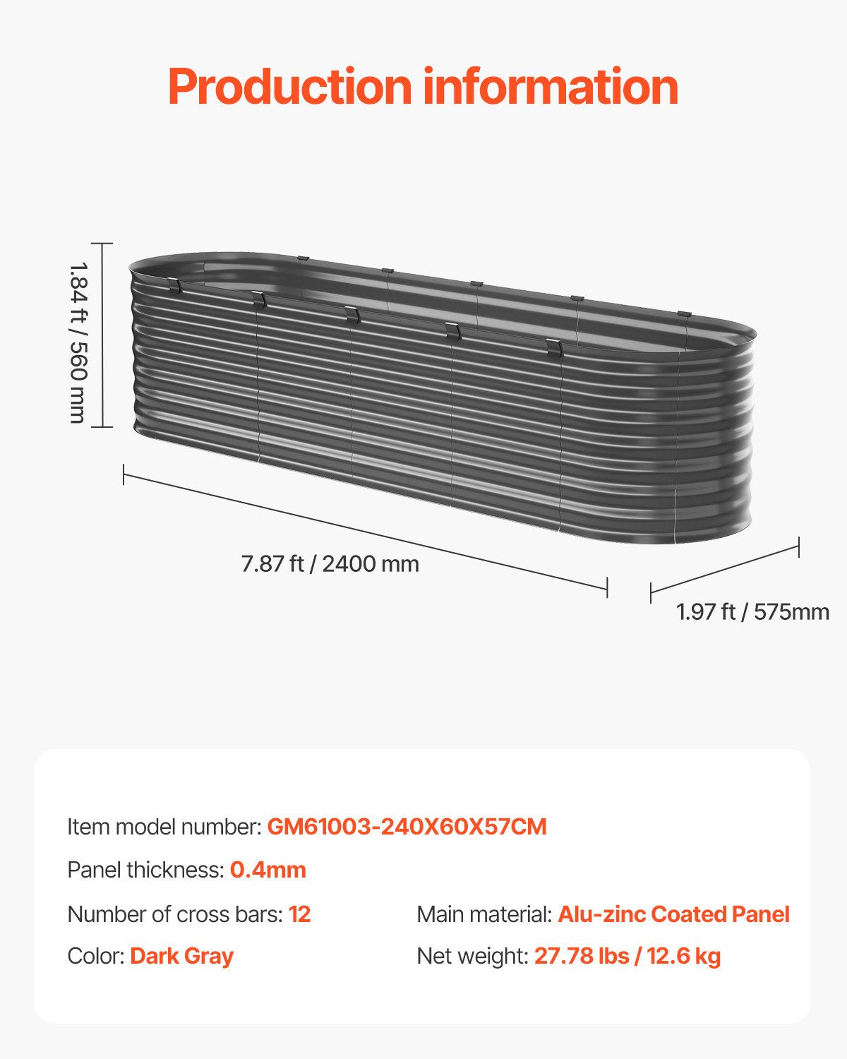 Metal Raised Garden Bed, 8 x 2 x 2 ft Outdoor Galvanized Planter Box, with Open Bottom, Large Oval Planter Raised Bed for Gardening Vegetables, Flowers, Herbs, and Succulent Plants, Dark Gray