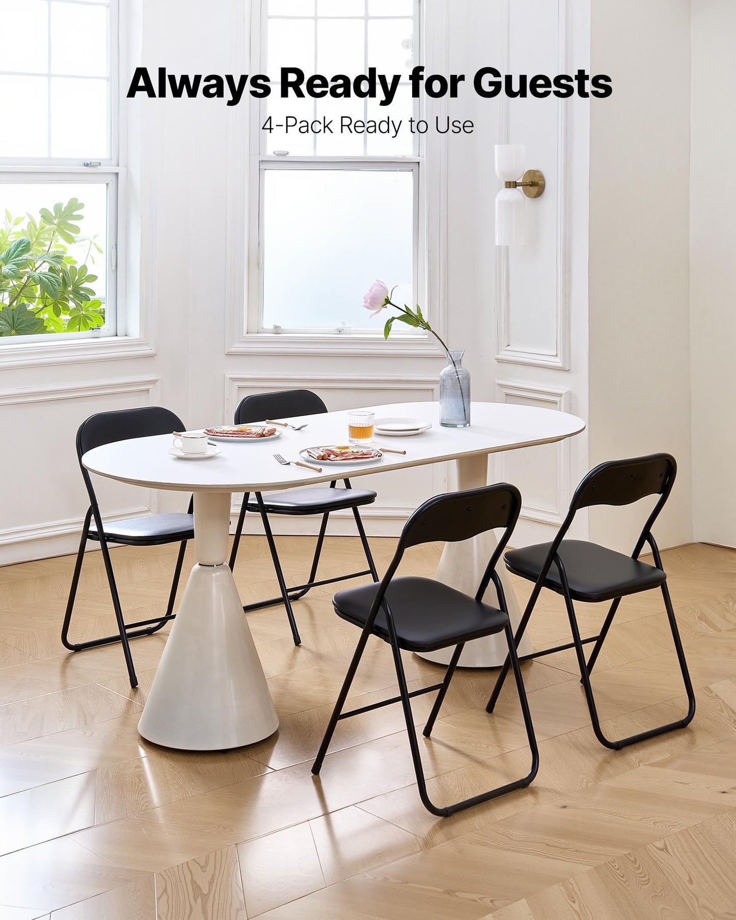 4-pack fällstolar, hopfällbara läderfåtöljer med kraftig metallram och vadderad dyna, bärbara hopfällbara kortbordsstolar, stapelbara säten för hem, trädgård, fester, evenemang, svart