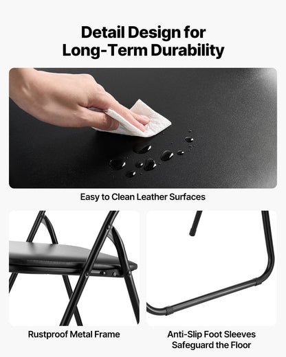 4-pack fällstolar, hopfällbara läderfåtöljer med kraftig metallram och vadderad dyna, bärbara hopfällbara kortbordsstolar, stapelbara säten för hem, trädgård, fester, evenemang, svart