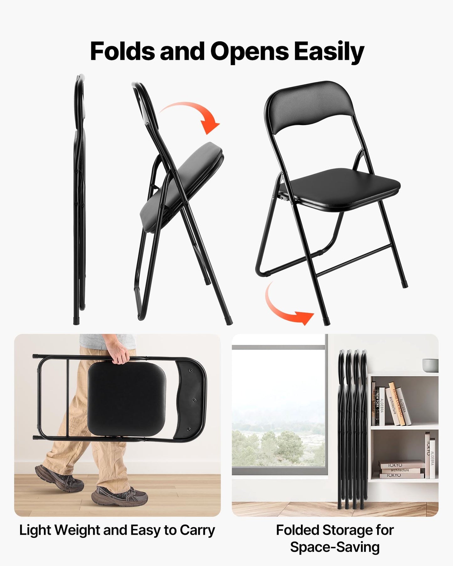 4-pack fällstolar, hopfällbara läderfåtöljer med kraftig metallram och vadderad dyna, bärbara hopfällbara kortbordsstolar, stapelbara säten för hem, trädgård, fester, evenemang, svart