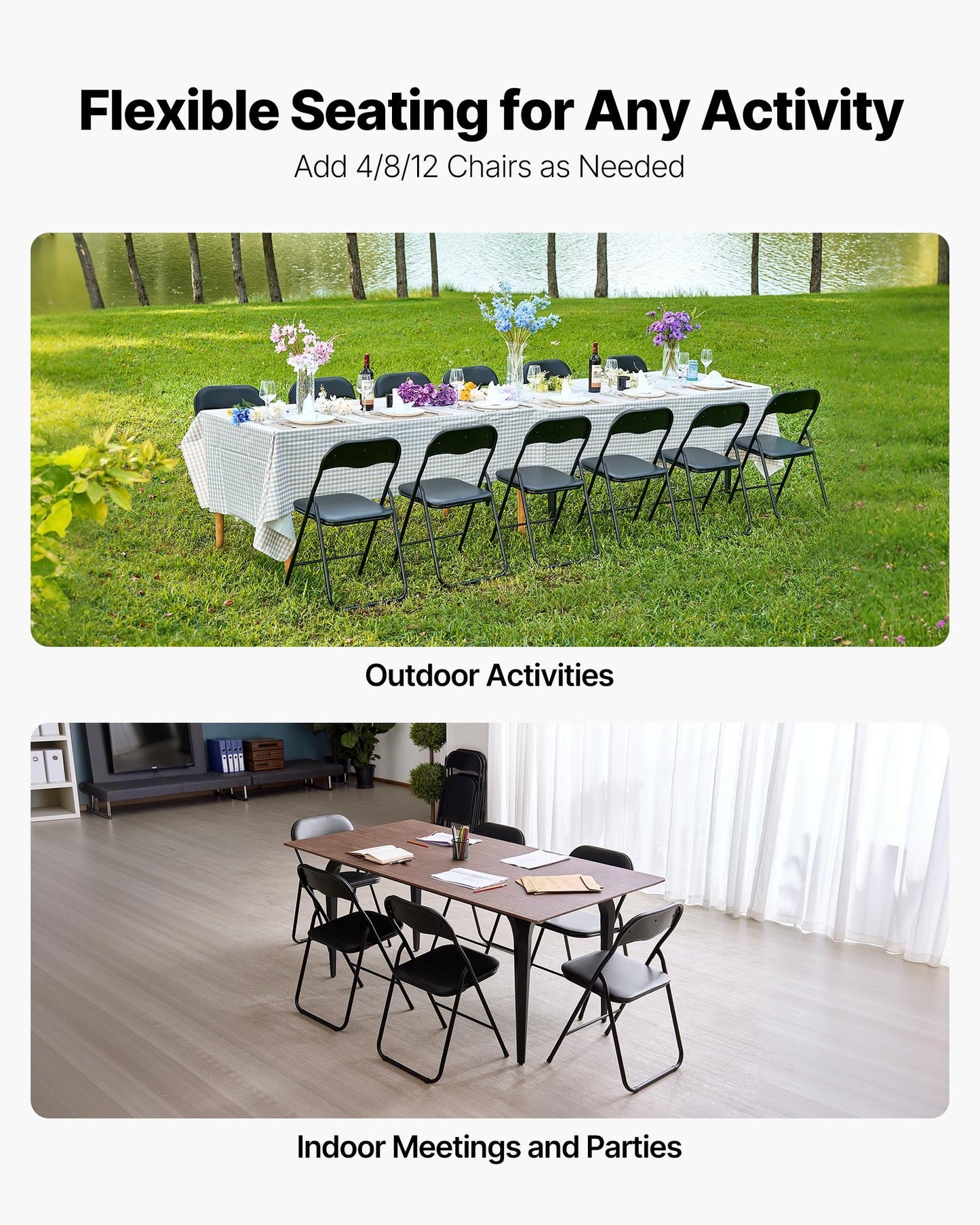 4-pack fällstolar, hopfällbara läderfåtöljer med kraftig metallram och vadderad dyna, bärbara hopfällbara kortbordsstolar, stapelbara säten för hem, trädgård, fester, evenemang, svart