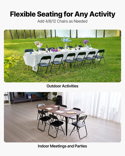 4-pack fällstolar, hopfällbara läderfåtöljer med kraftig metallram och vadderad dyna, bärbara hopfällbara kortbordsstolar, stapelbara säten för hem, trädgård, fester, evenemang, svart