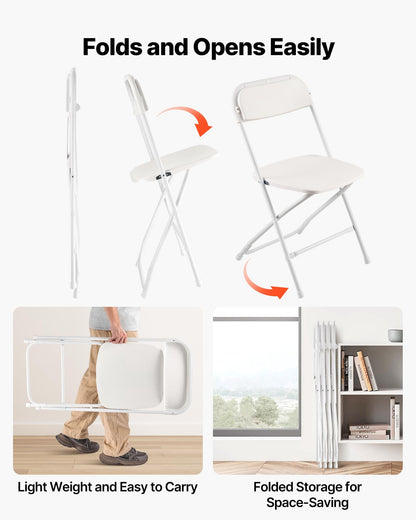 4 Pack Folding Chairs, Foldable Plastic Chairs with Heavy Duty Metal Frame, Portable Folding Card Table Chairs, Stackable Indoor Outdoor Seats for Home, Yard, Garden, Parties, Events, White