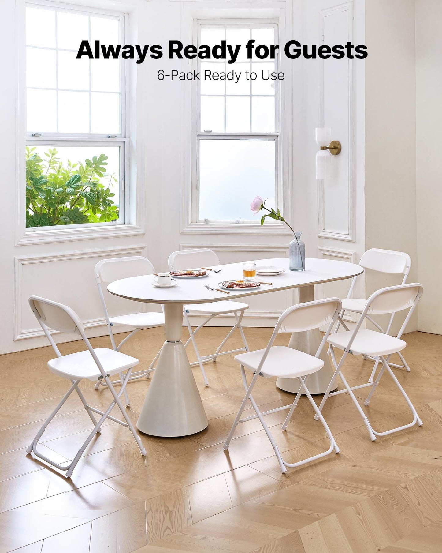 6-pack fällstolar, hopfällbara plaststolar med kraftig metallram, bärbara hopfällbara kortstolar, stapelbara inomhus- och utomhusstolar för hem, trädgård, fester, evenemang, vit