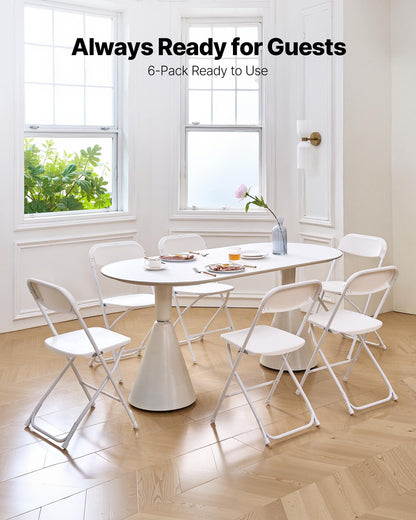 6-pack fällstolar, hopfällbara plaststolar med kraftig metallram, bärbara hopfällbara kortstolar, stapelbara inomhus- och utomhusstolar för hem, trädgård, fester, evenemang, vit