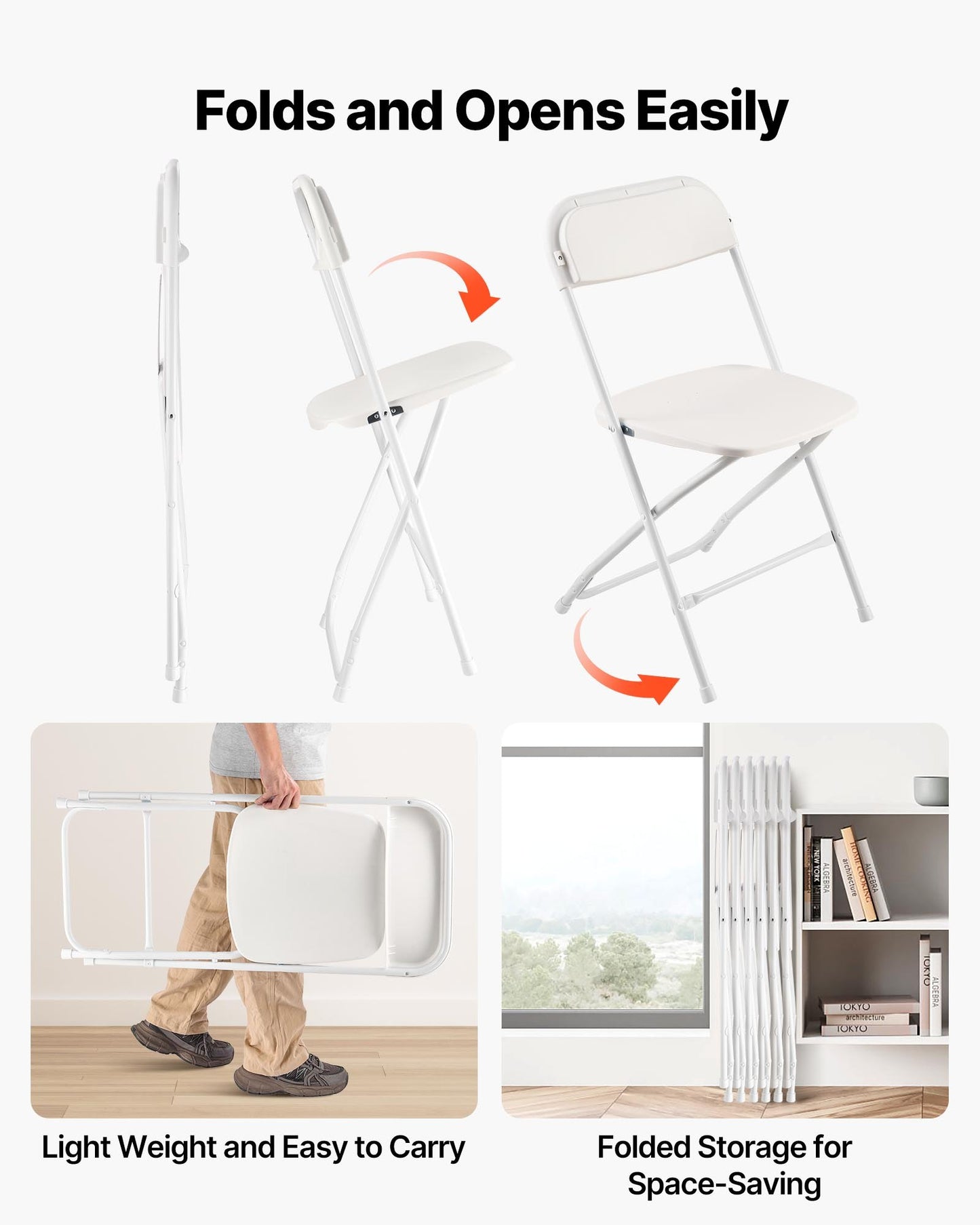 6-pack fällstolar, hopfällbara plaststolar med kraftig metallram, bärbara hopfällbara kortstolar, stapelbara inomhus- och utomhusstolar för hem, trädgård, fester, evenemang, vit