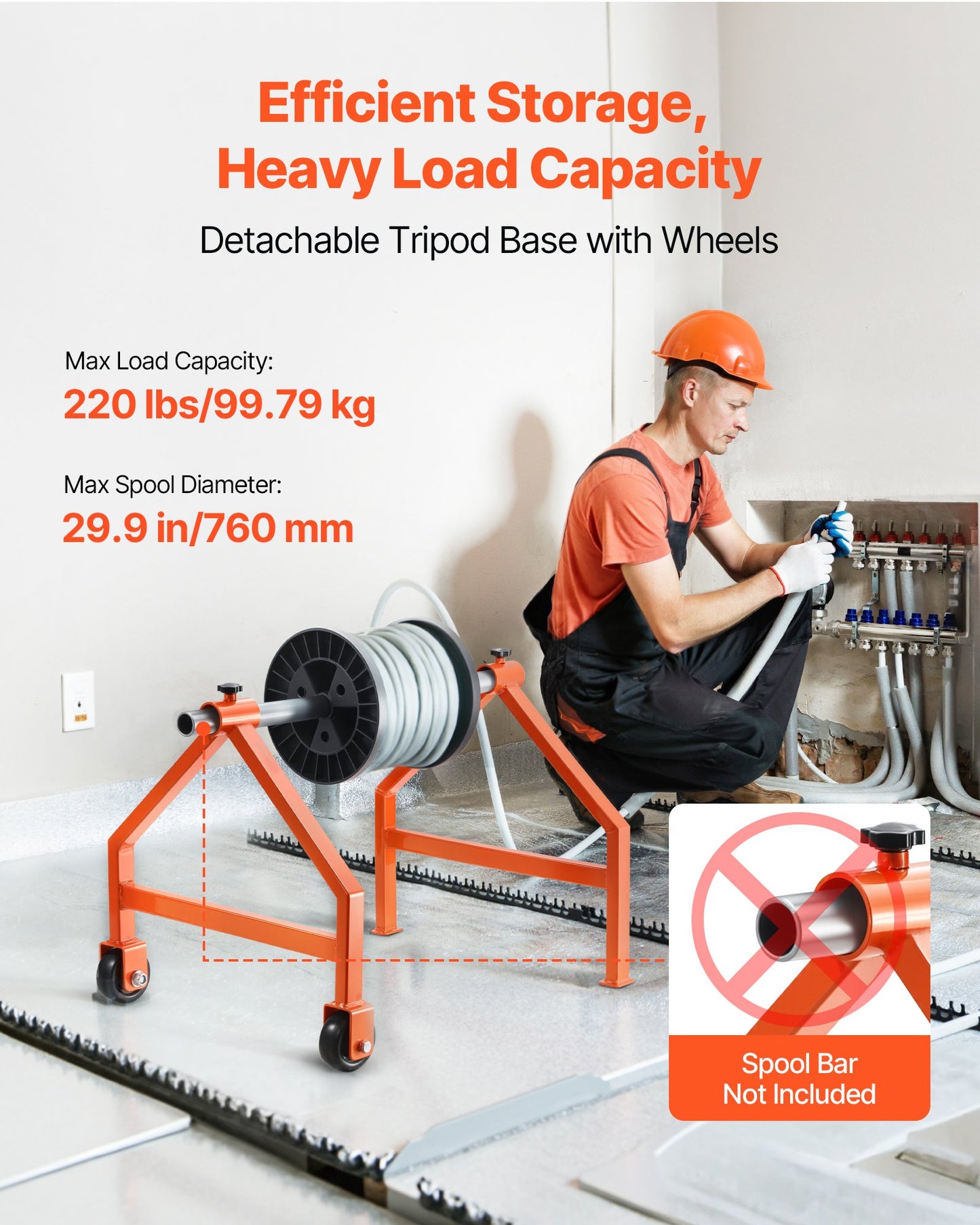 Trådrullställ, 100 kg / 220 lbs lastkapacitet, bärbar kabelhållare, flyttbart trådställ med hjul, spolhållare, upp till 759 mm / 29,9 tum diameter, för elektrisk industriell och detaljhandelsanvändning, arbetseffektivitet