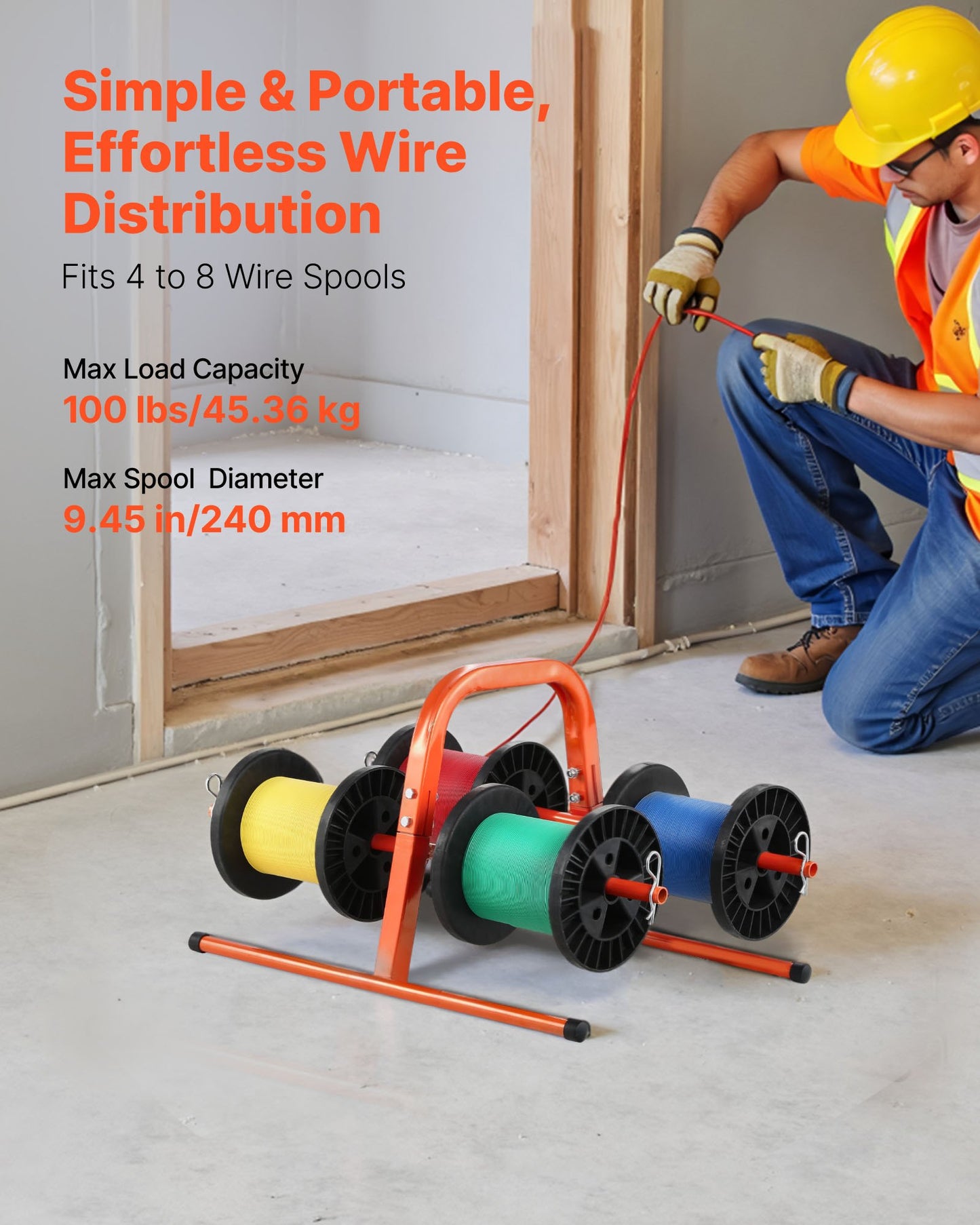 Trådrullställ, 45 kg / 100 lbs kapacitet, smart handhållen caddie, kraftig ståltrådshållare för upp till 8 spolar, MAX 240 mm / 9,45 tum diameter, enkel lyftdesign för elektrisk industriell och detaljhandelsbruk