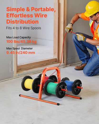 Trådrullställ, 45 kg / 100 lbs kapacitet, smart handhållen caddie, kraftig ståltrådshållare för upp till 8 spolar, MAX 240 mm / 9,45 tum diameter, enkel lyftdesign för elektrisk industriell och detaljhandelsbruk