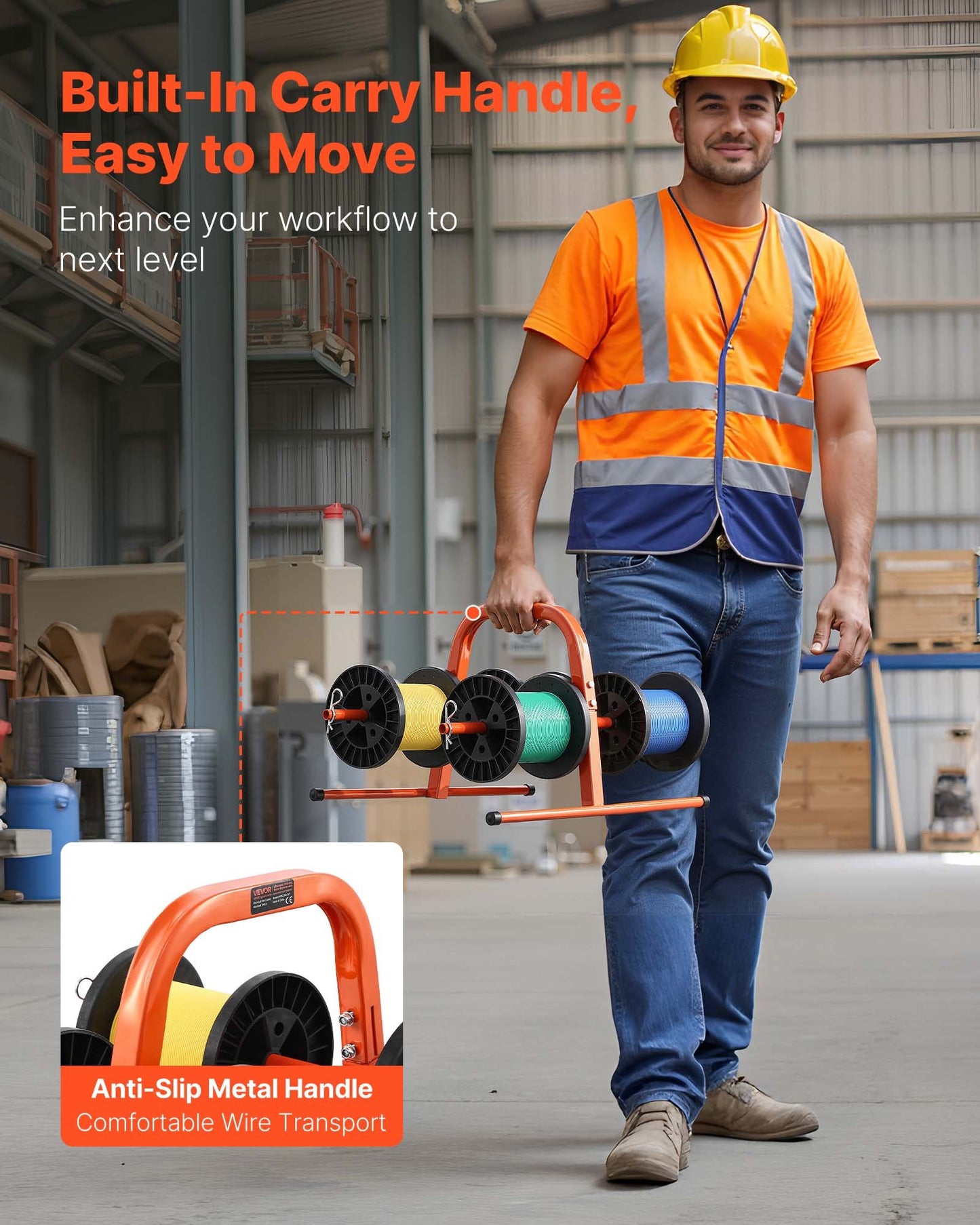 Trådrullställ, 45 kg / 100 lbs kapacitet, smart handhållen caddie, kraftig ståltrådshållare för upp till 8 spolar, MAX 240 mm / 9,45 tum diameter, enkel lyftdesign för elektrisk industriell och detaljhandelsbruk