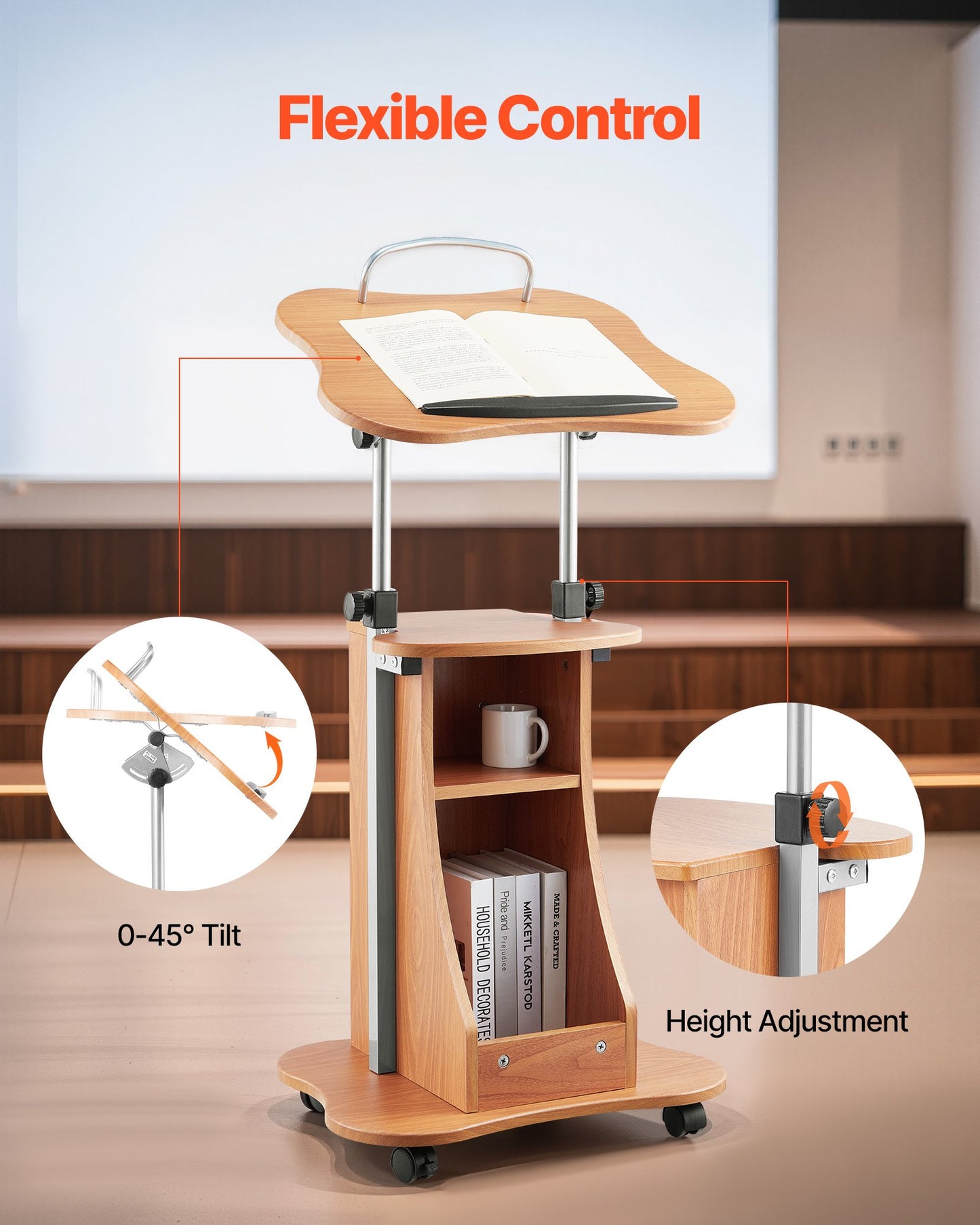 Podium Stand, 1100 mm Wooden Lectern, Portable Laptop Desk with Lockable Wheels, Wide Reading Surface and Open Storage Area, Adjustable Height and Angle, for Speeches, Lectures, or Presentations