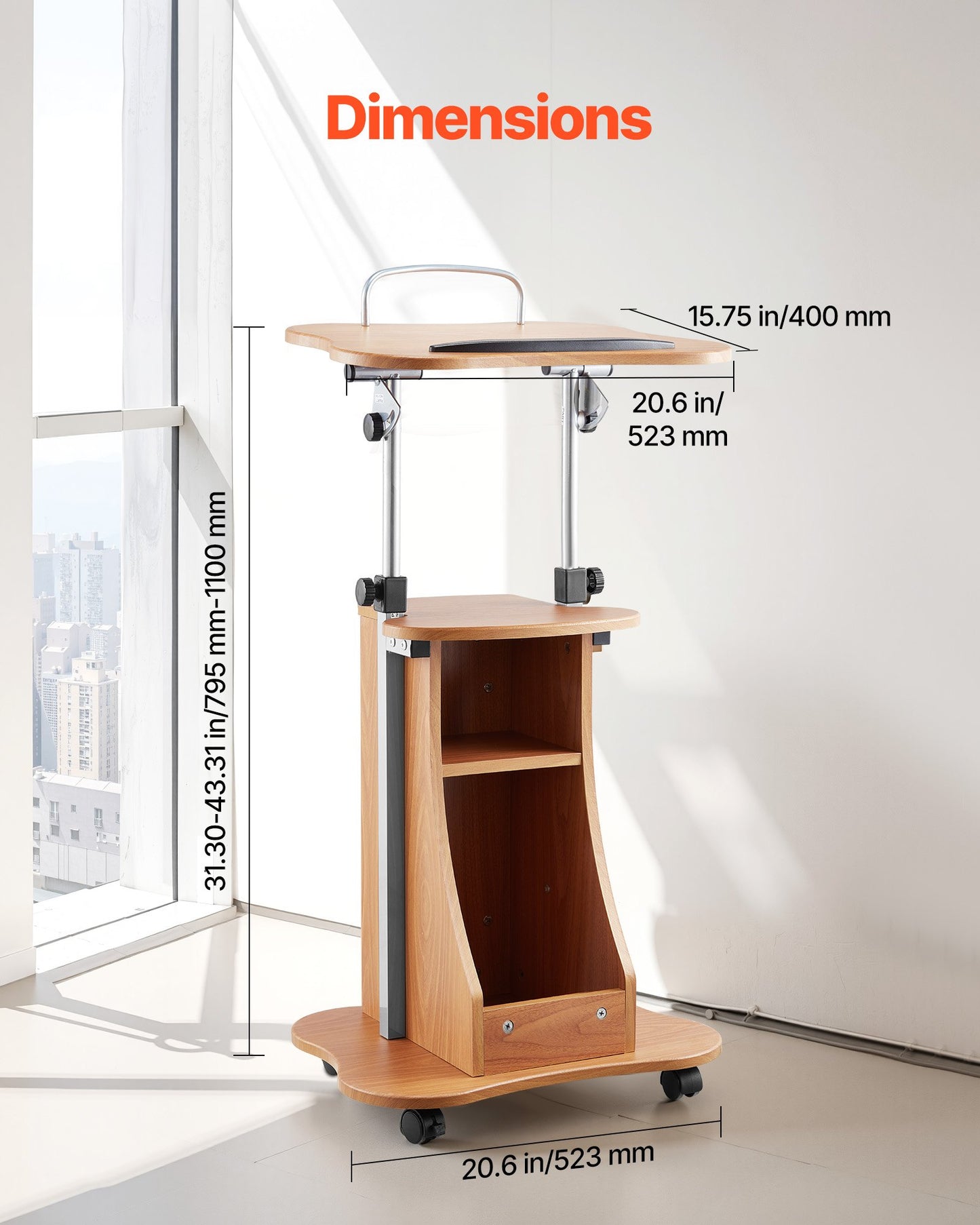 Podium Stand, 1100 mm Wooden Lectern, Portable Laptop Desk with Lockable Wheels, Wide Reading Surface and Open Storage Area, Adjustable Height and Angle, for Speeches, Lectures, or Presentations