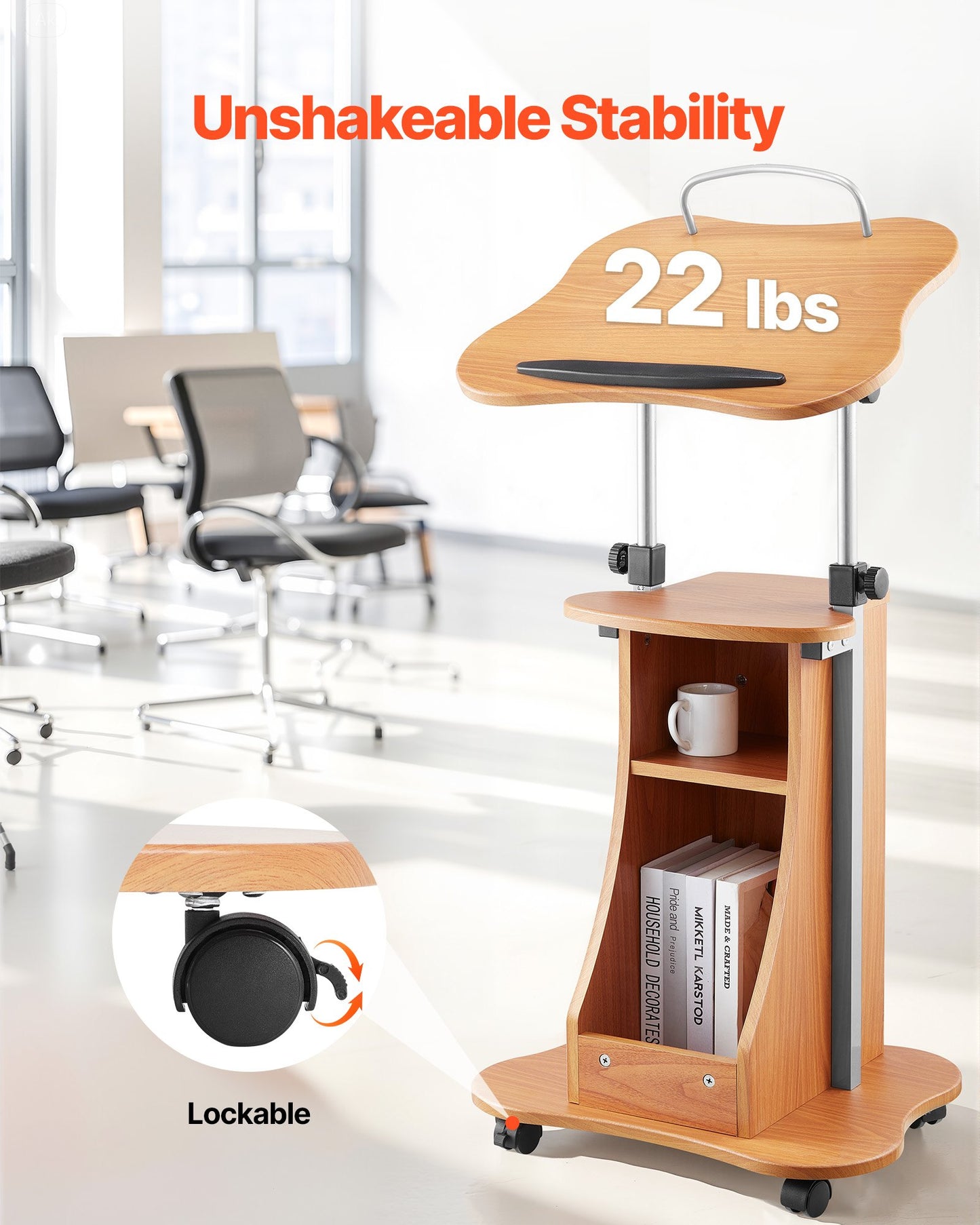 Podium Stand, 1100 mm Wooden Lectern, Portable Laptop Desk with Lockable Wheels, Wide Reading Surface and Open Storage Area, Adjustable Height and Angle, for Speeches, Lectures, or Presentations