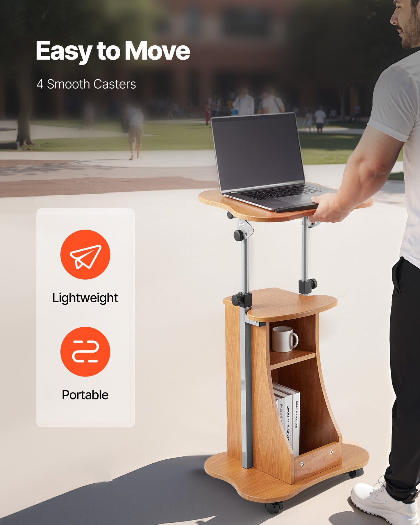 Podium Stand, 1100 mm Wooden Lectern, Portable Laptop Desk with Lockable Wheels, Wide Reading Surface and Open Storage Area, Adjustable Height and Angle, for Speeches, Lectures, or Presentations