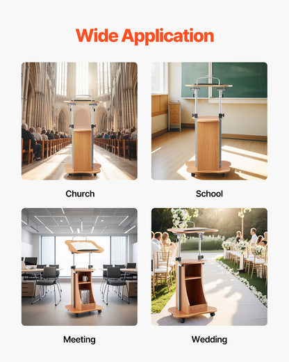 Podium Stand, 1100 mm Wooden Lectern, Portable Laptop Desk with Lockable Wheels, Wide Reading Surface and Open Storage Area, Adjustable Height and Angle, for Speeches, Lectures, or Presentations